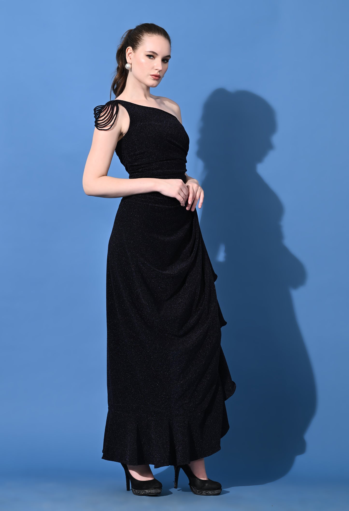 Radiant Shimmer Lycra Maxi Dress with Tassel Sleeves and Side Slit (Red / Blue / Green)