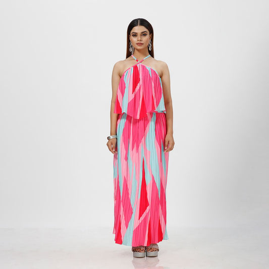 Elegant Striped Pleated Print Maxi Dress