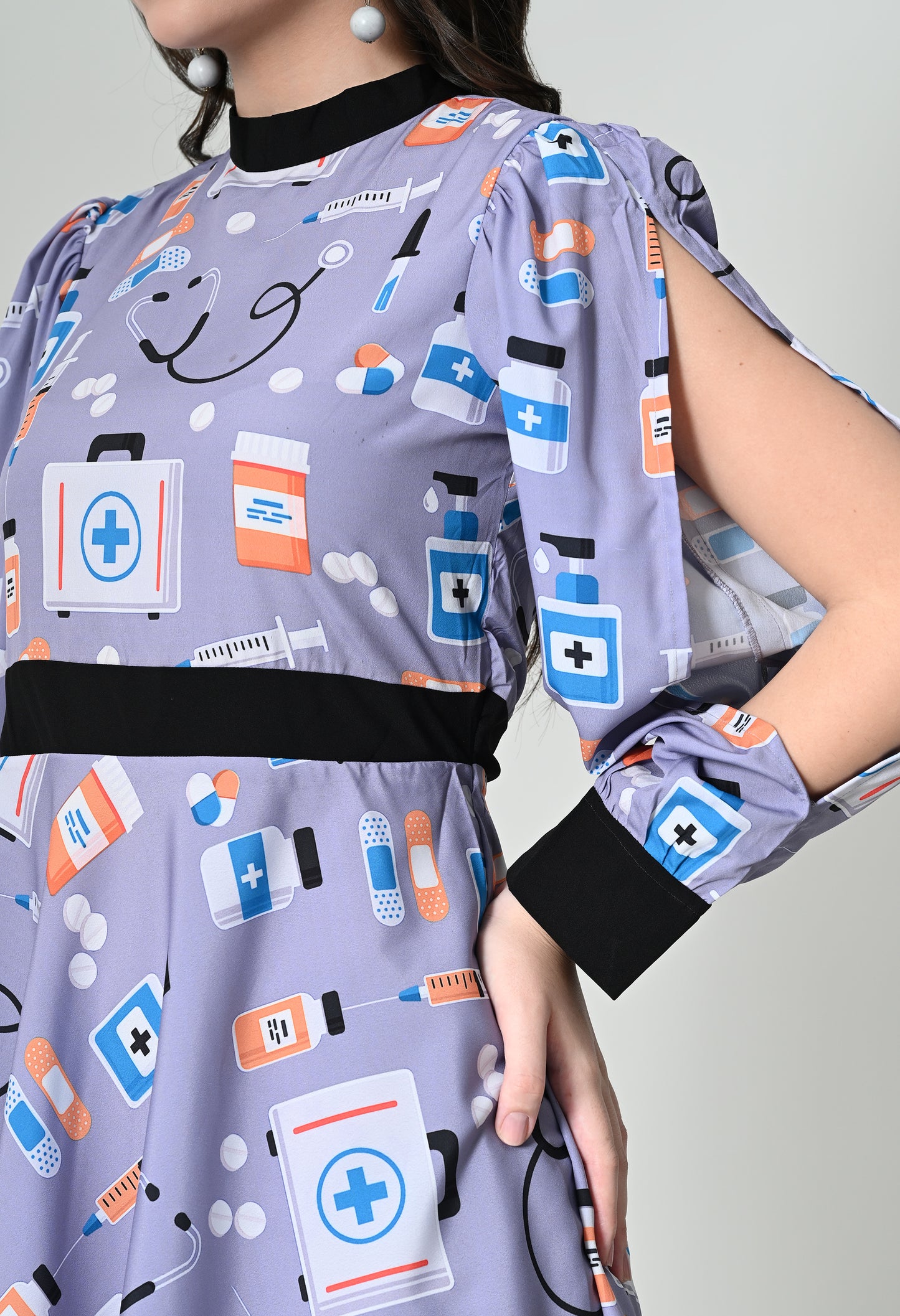 Trendy Full Sleeves Midi Dress with Medical Icon Print in Crepe Fabric
