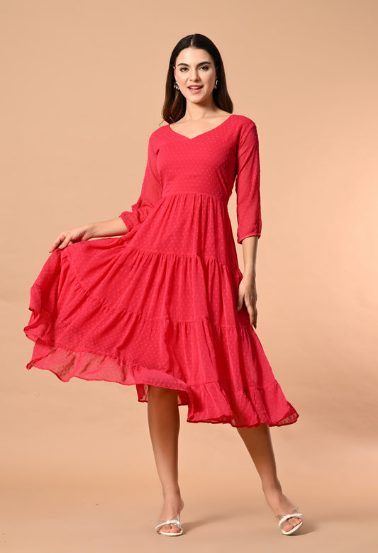 Elegant Pink Chiffon Dobby Midi Dress