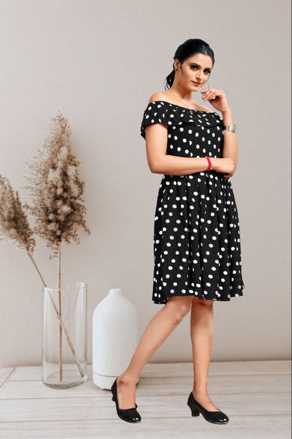 Polka Dots Printed Elegant Crepe Midi Dress