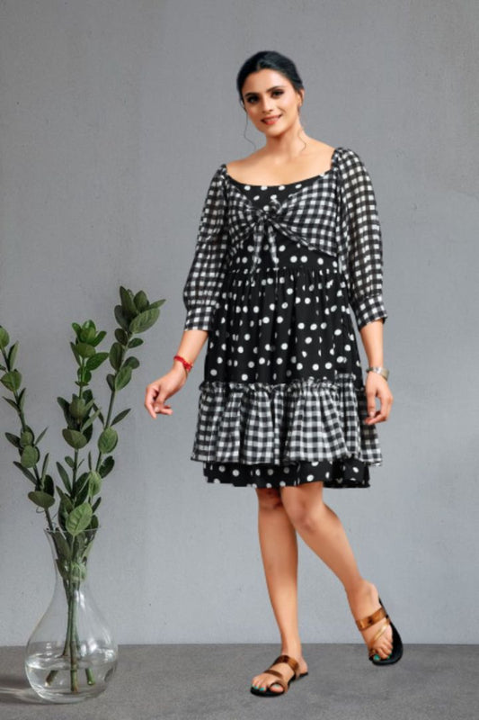 Checks & polka dot printed western dress for women