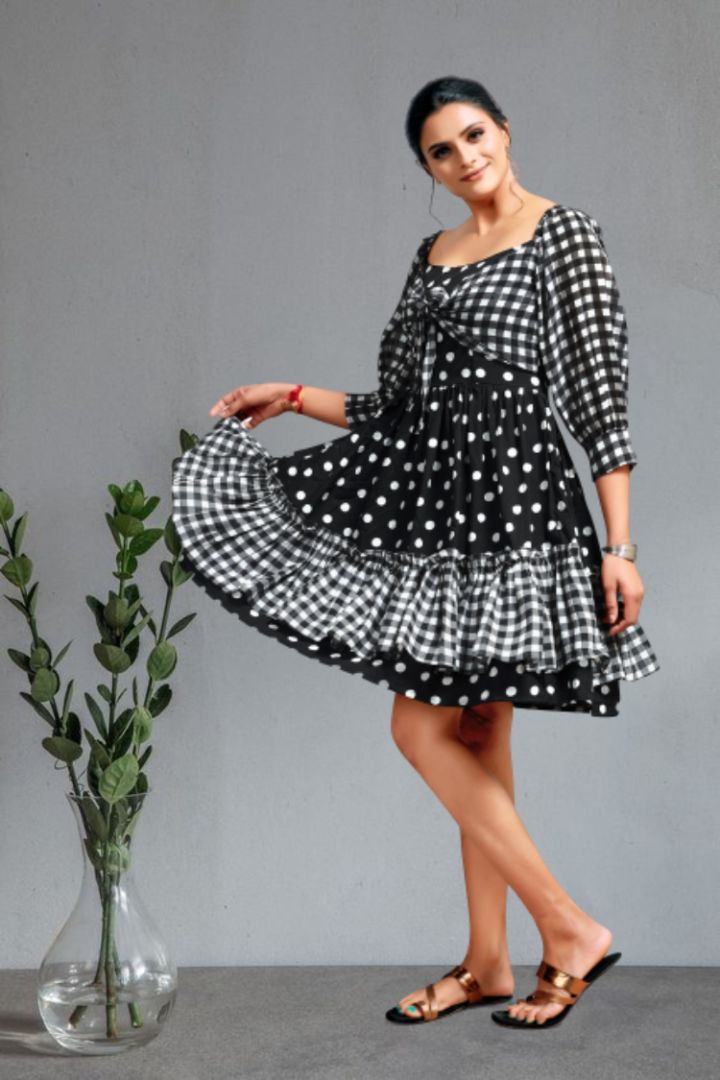 Checks & polka dot printed western dress for women