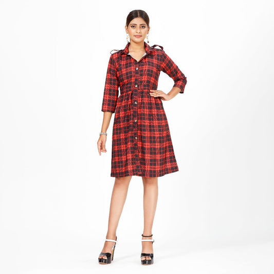 Classic Charm Crepe Midi Dress with Evergreen Stripes and Checks