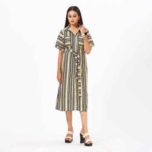 Versatile Stripe Harmony Crepe Mini Maxi Dress with Pockets