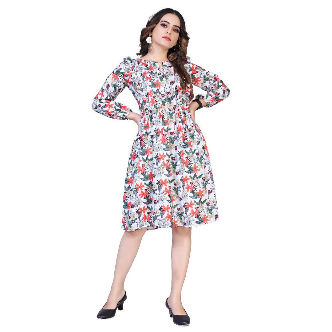 Floral printed with sleeve western dress for women