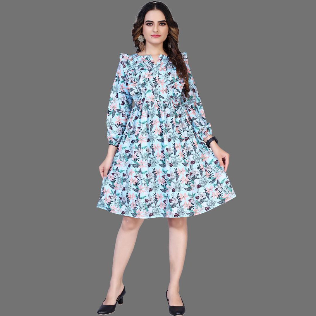 Floral printed with sleeve western dress for women