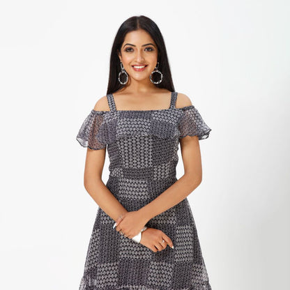 Monochrome Florals Chiffon Midi Dress with Off-Shoulder Elegance