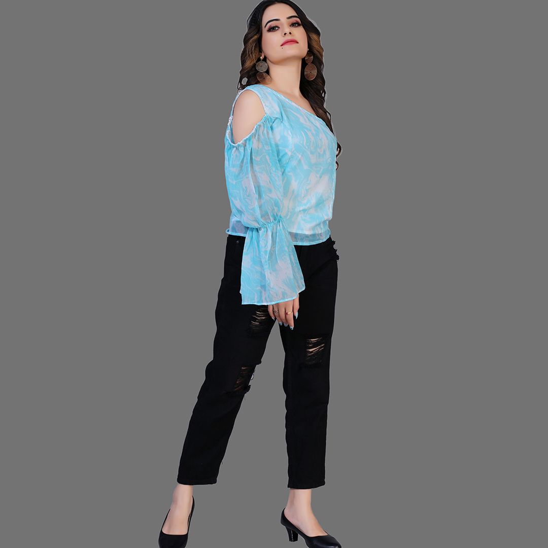 Marble print one side sleeve western top for women