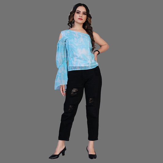 Marble print one side sleeve western top for women