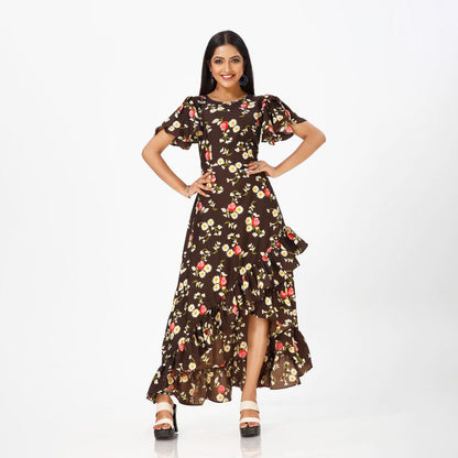 Flared floral print maxi western dress for women