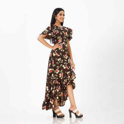 Flared floral print maxi western dress for women