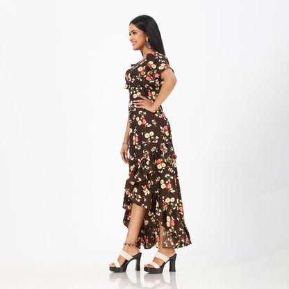 Flared floral print maxi western dress for women