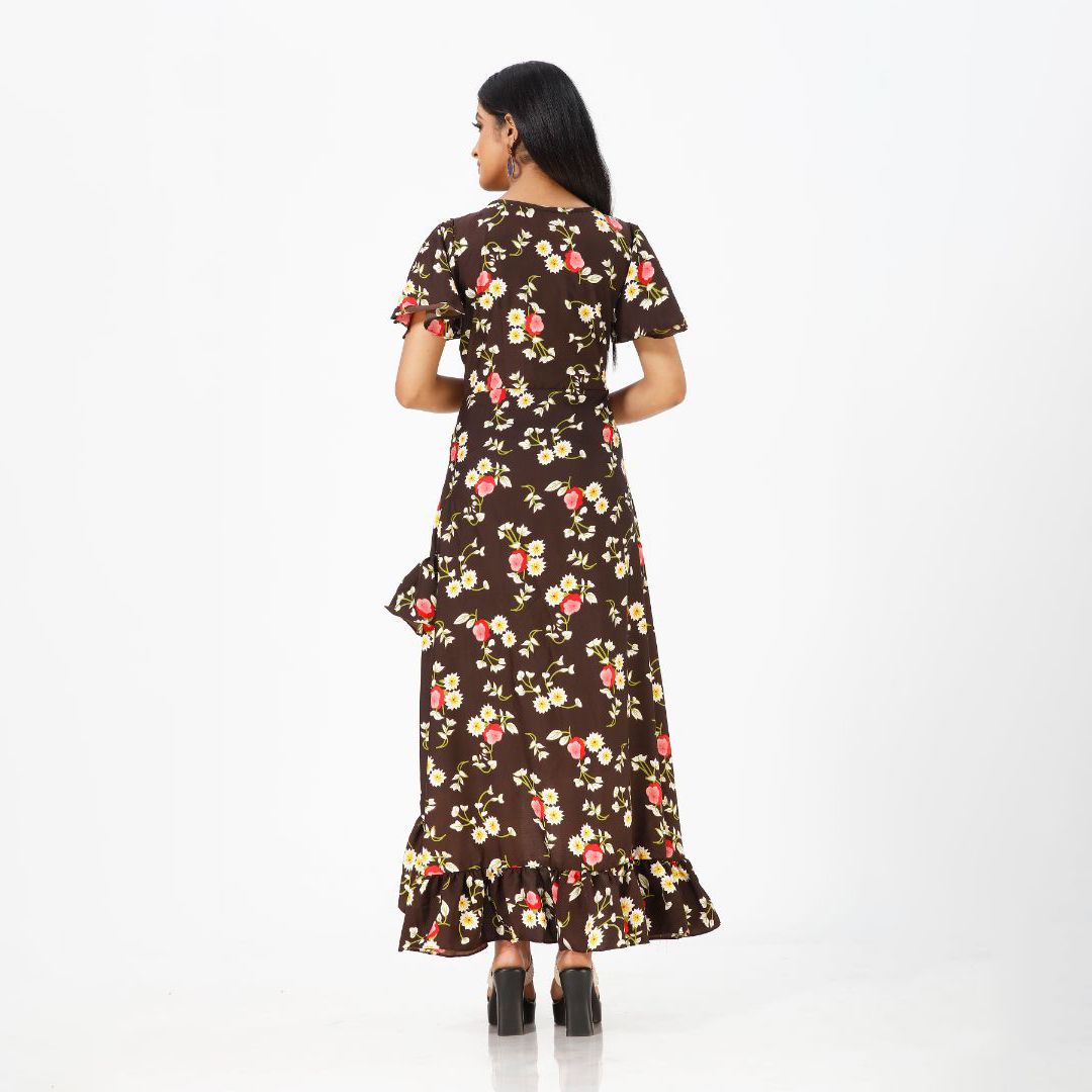 Flared floral print maxi western dress for women