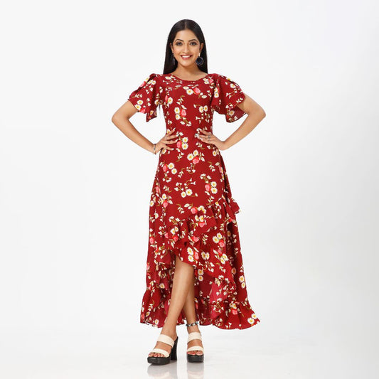 Flared floral print maxi western dress for women