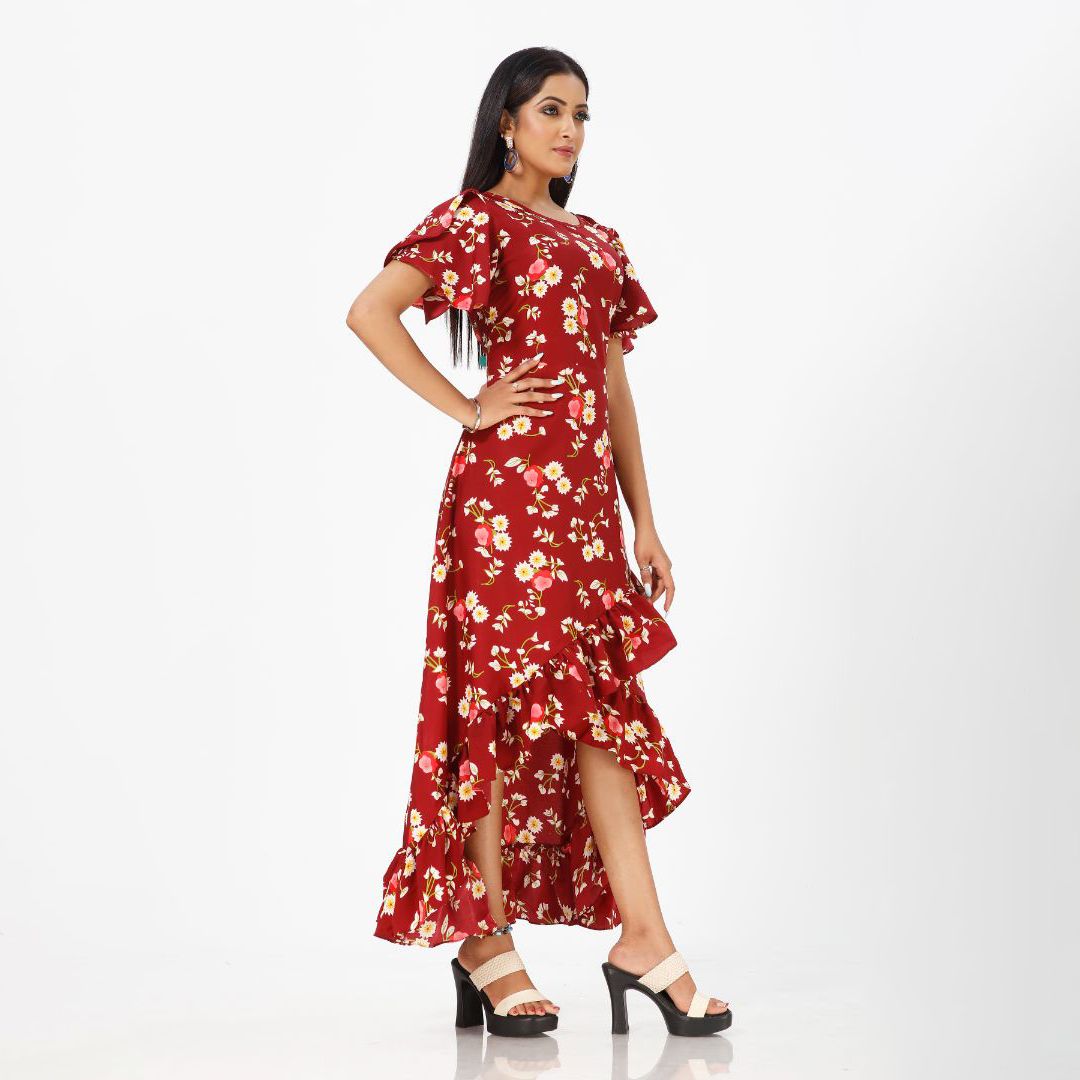 Flared floral print maxi western dress for women