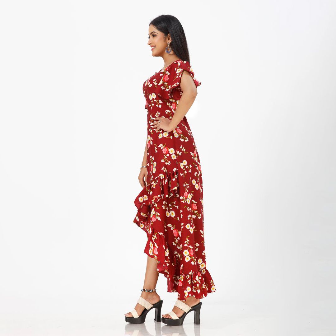 Flared floral print maxi western dress for women