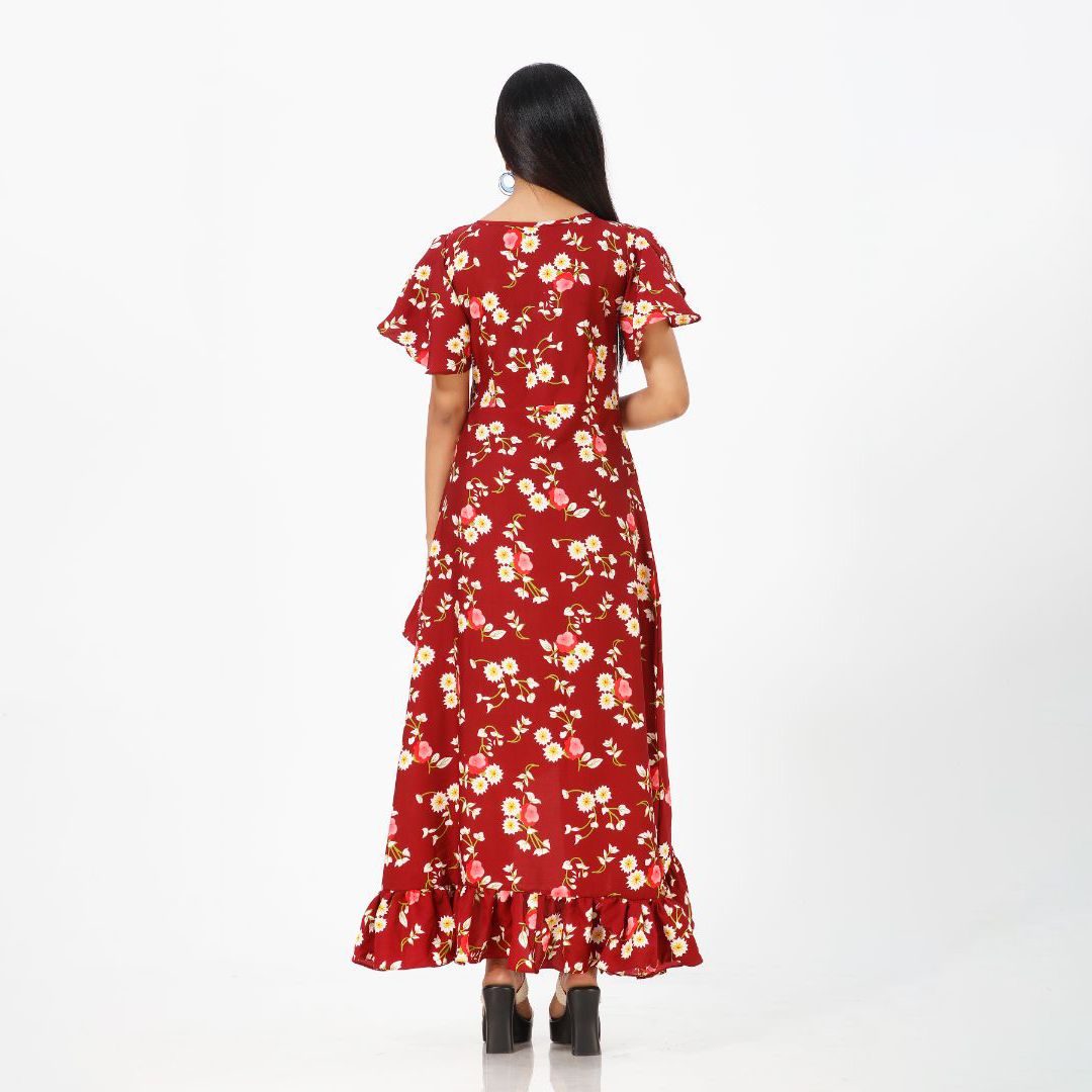 Flared floral print maxi western dress for women