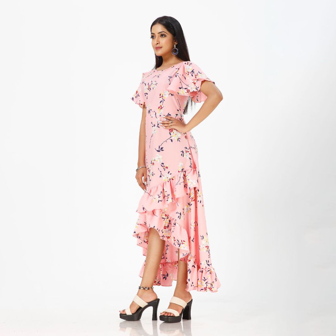 Flared floral print maxi western dress for women