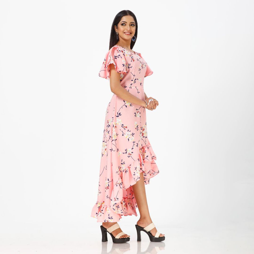 Flared floral print maxi western dress for women