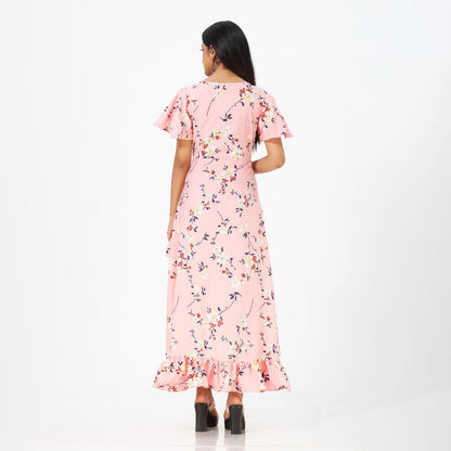 Flared floral print maxi western dress for women