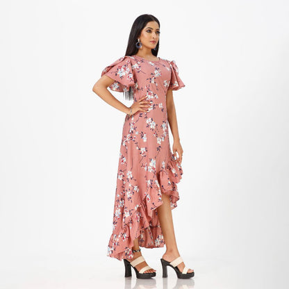 Flared floral print maxi western dress for women