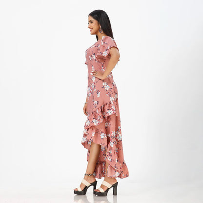 Flared floral print maxi western dress for women