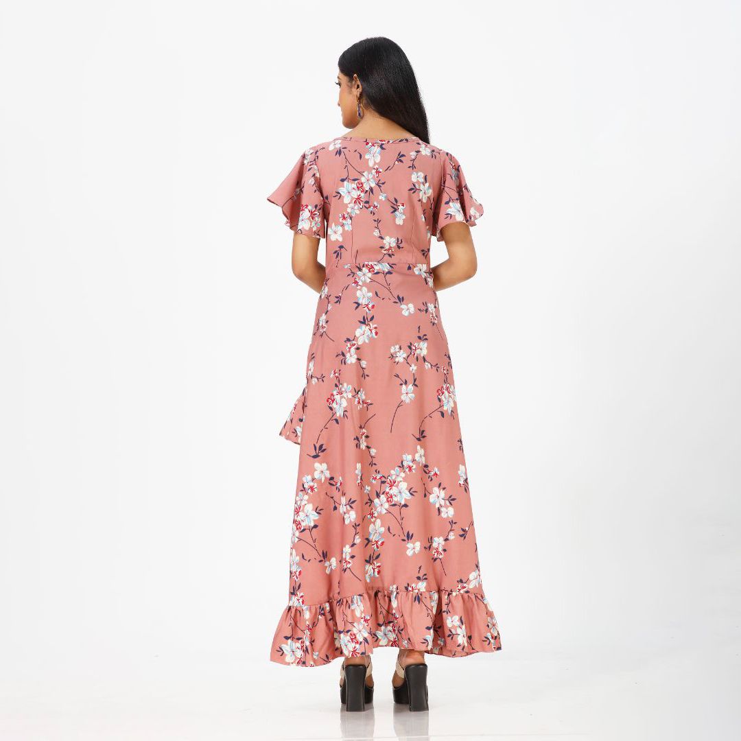 Flared floral print maxi western dress for women