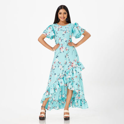 Flared floral print maxi western dress for women