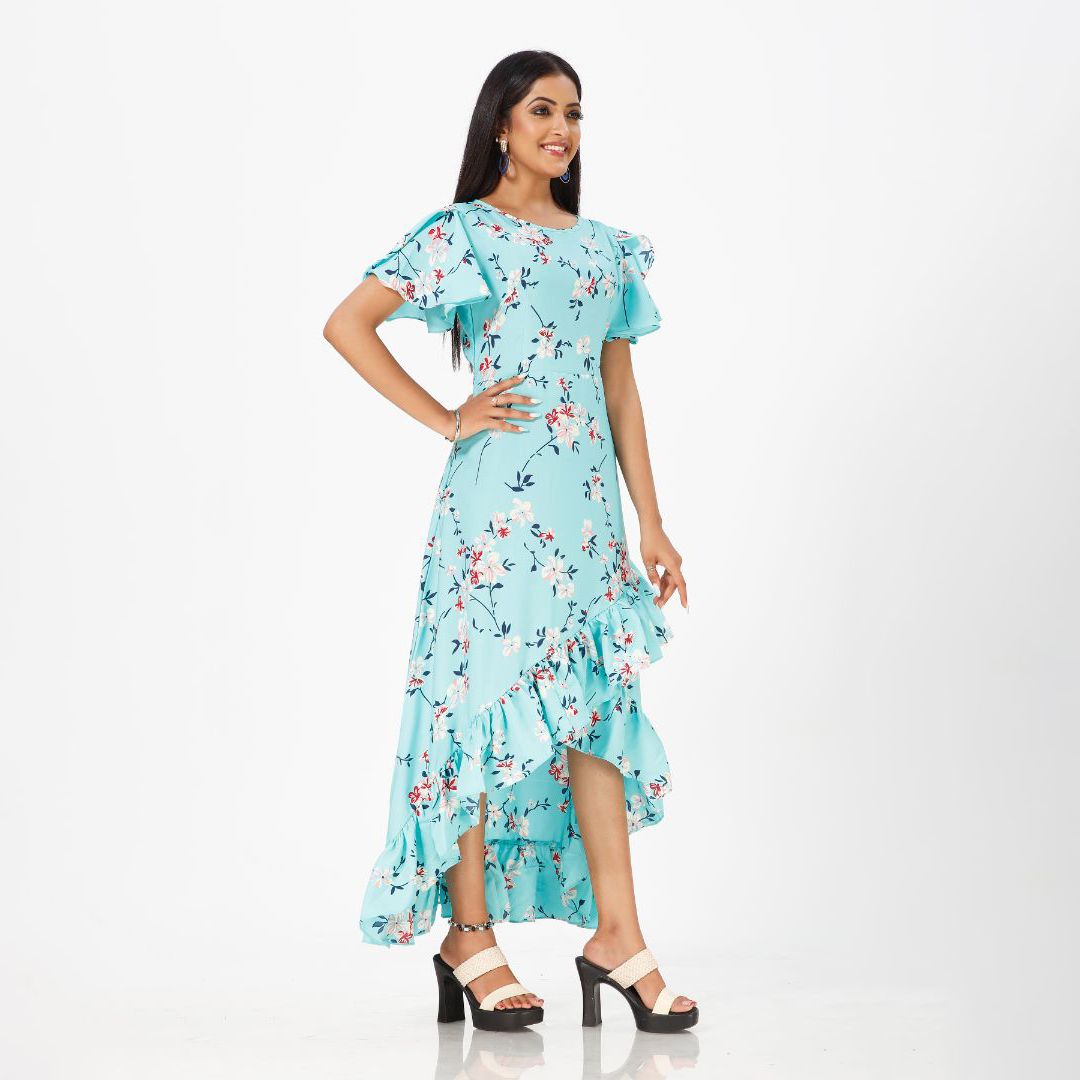 Flared floral print maxi western dress for women