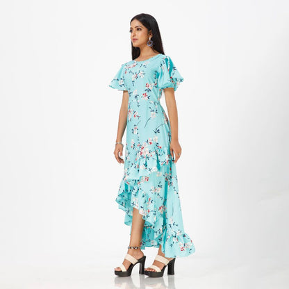 Flared floral print maxi western dress for women