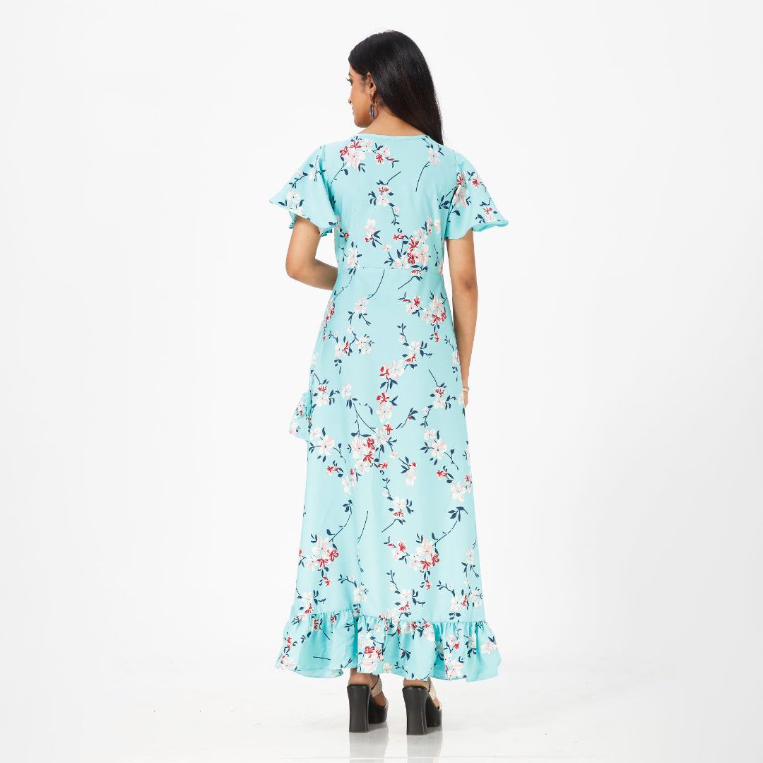 Flared floral print maxi western dress for women