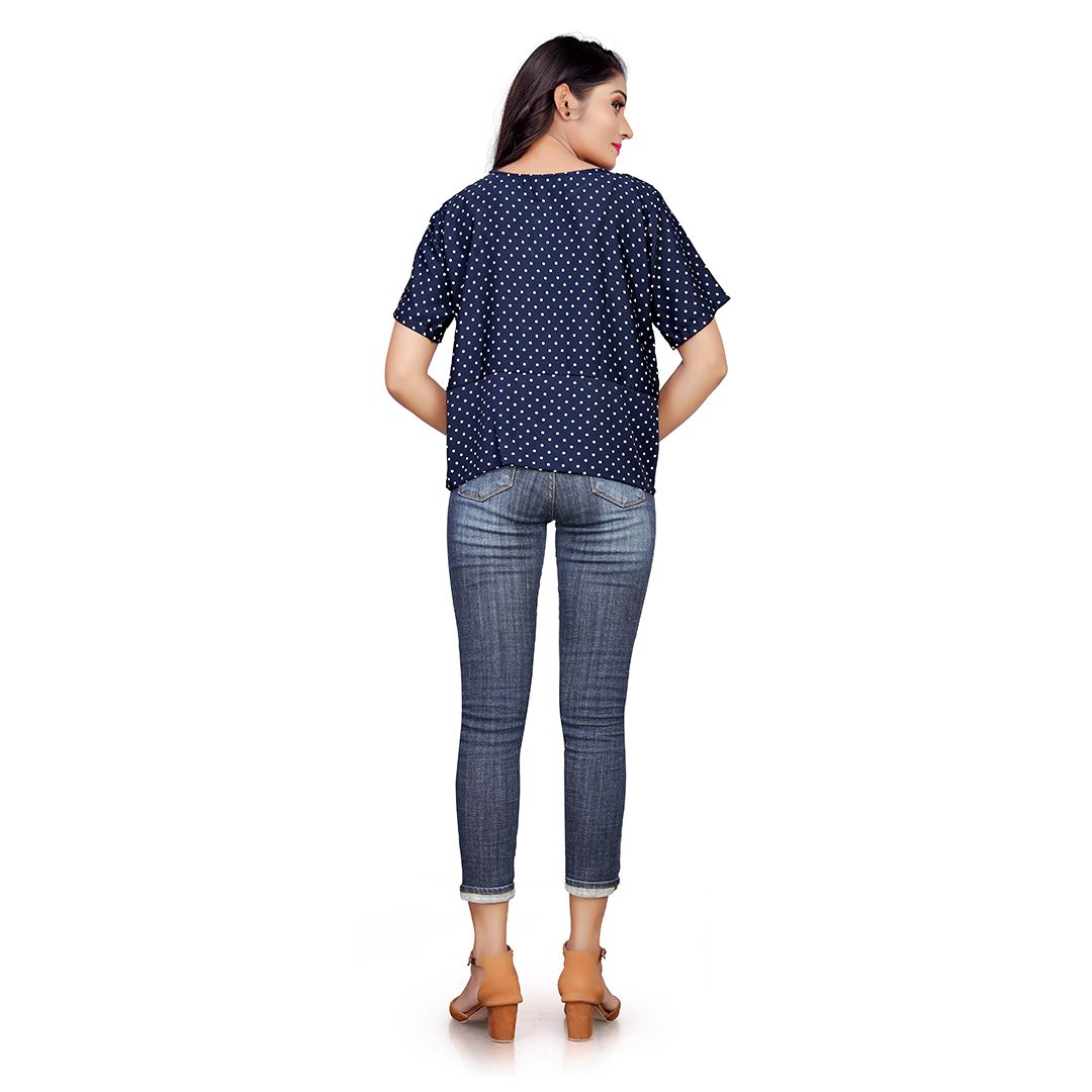 Elegant Polka Dot Georgette Top - Navy Blue with White Dots