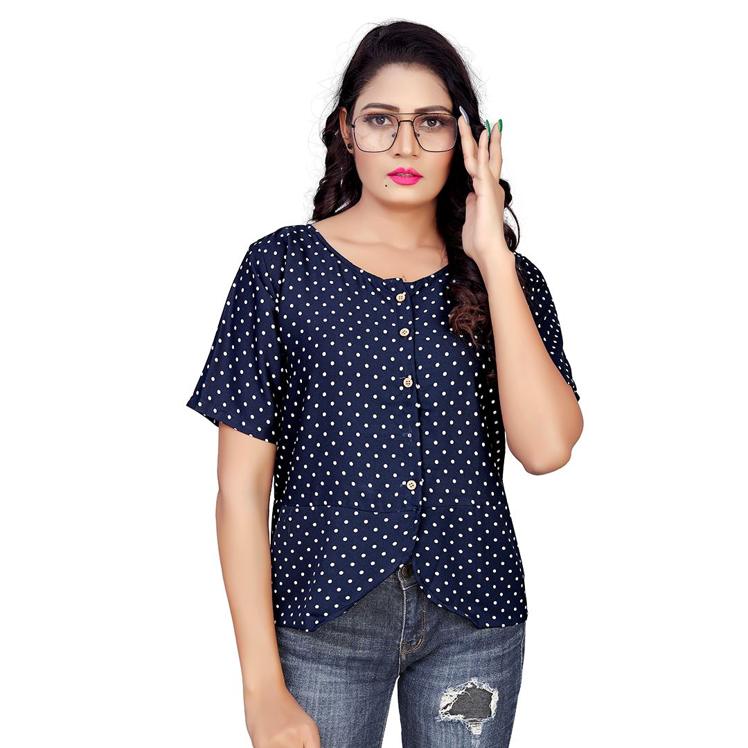 Elegant Polka Dot Georgette Top - Navy Blue with White Dots