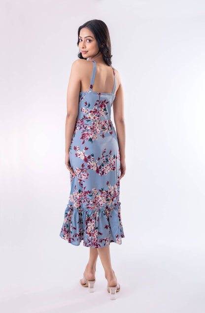 Chic Blossom Blue Crepe Maxi Dress