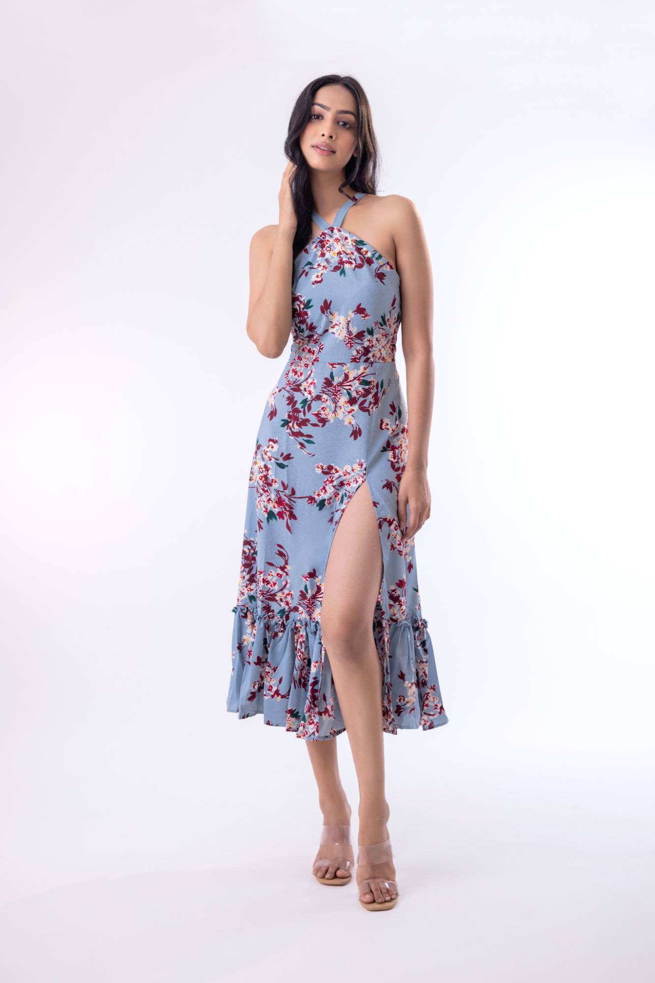 Chic Blossom Blue Crepe Maxi Dress