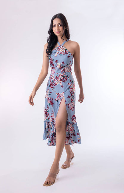 Chic Blossom Blue Crepe Maxi Dress