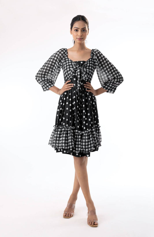 Checks & polka dot printed western dress for women