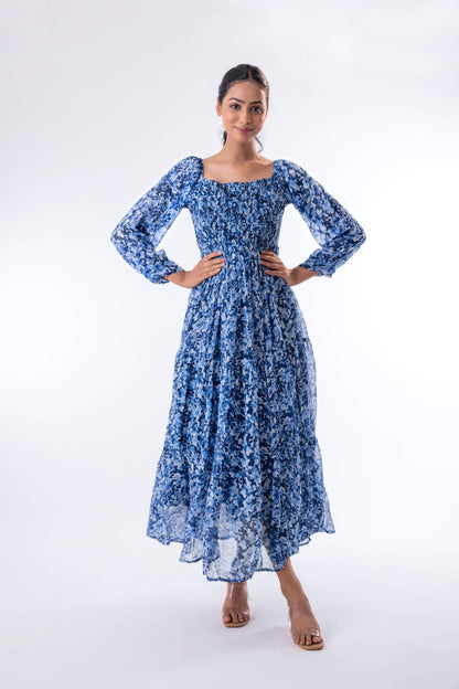 Women’s Floral Print Maxi Dress with Puff Sleeves
