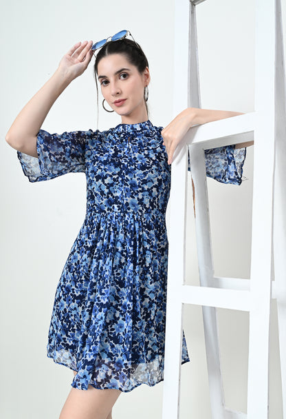 Stylish High Neck Blue Print Mini Dress in Chiffon and Butter Crepe Fabric