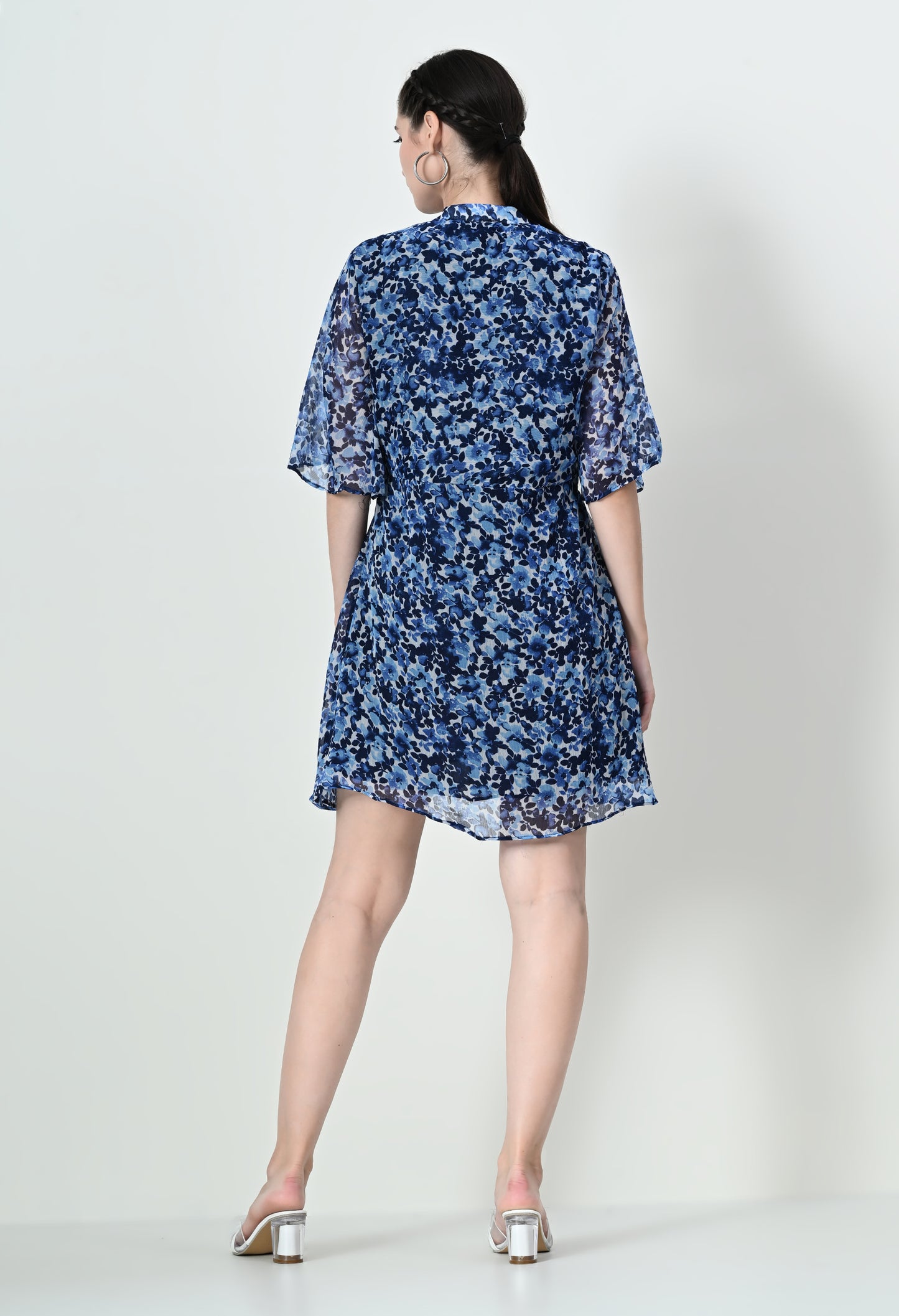 Stylish High Neck Blue Print Mini Dress in Chiffon and Butter Crepe Fabric