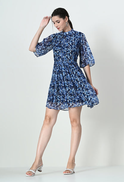 Stylish High Neck Blue Print Mini Dress in Chiffon and Butter Crepe Fabric