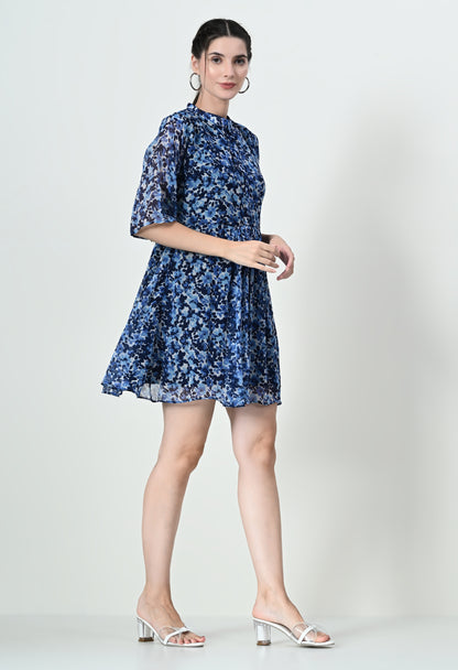 Stylish High Neck Blue Print Mini Dress in Chiffon and Butter Crepe Fabric