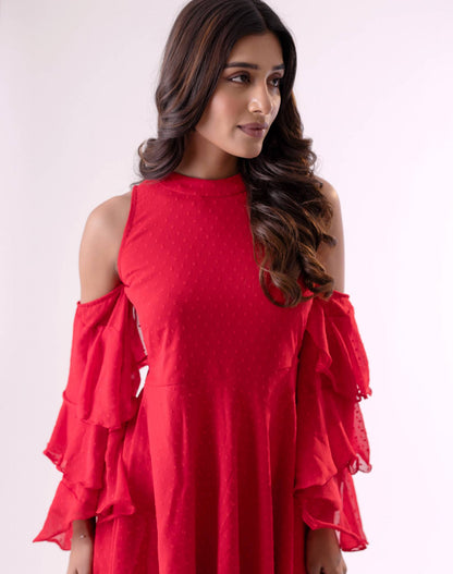 High Neck Tiered Midi Dress with Bell Sleeves