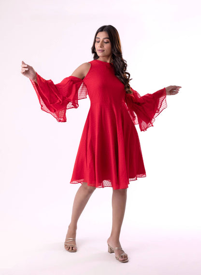 High Neck Tiered Midi Dress with Bell Sleeves