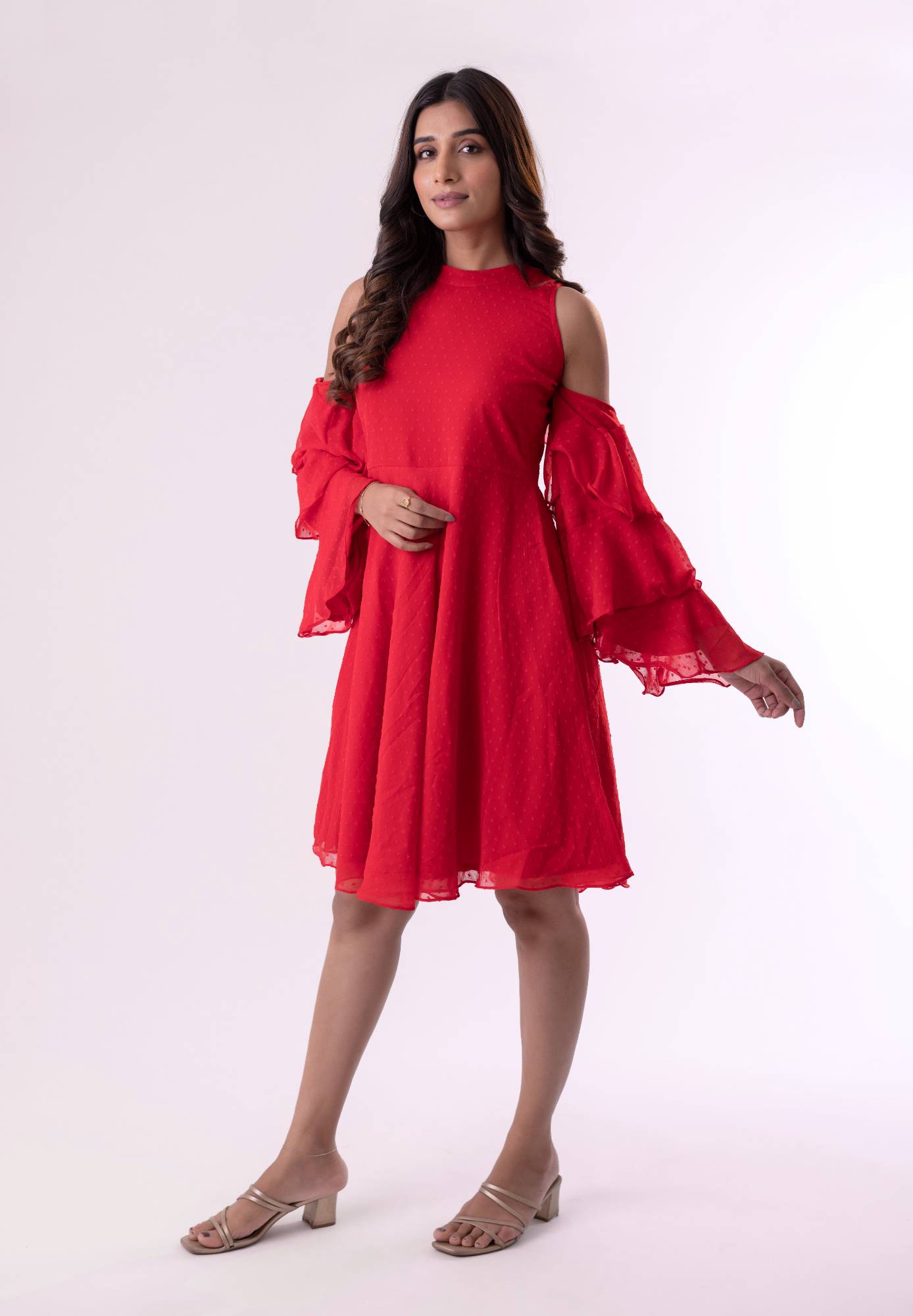 High Neck Tiered Midi Dress with Bell Sleeves