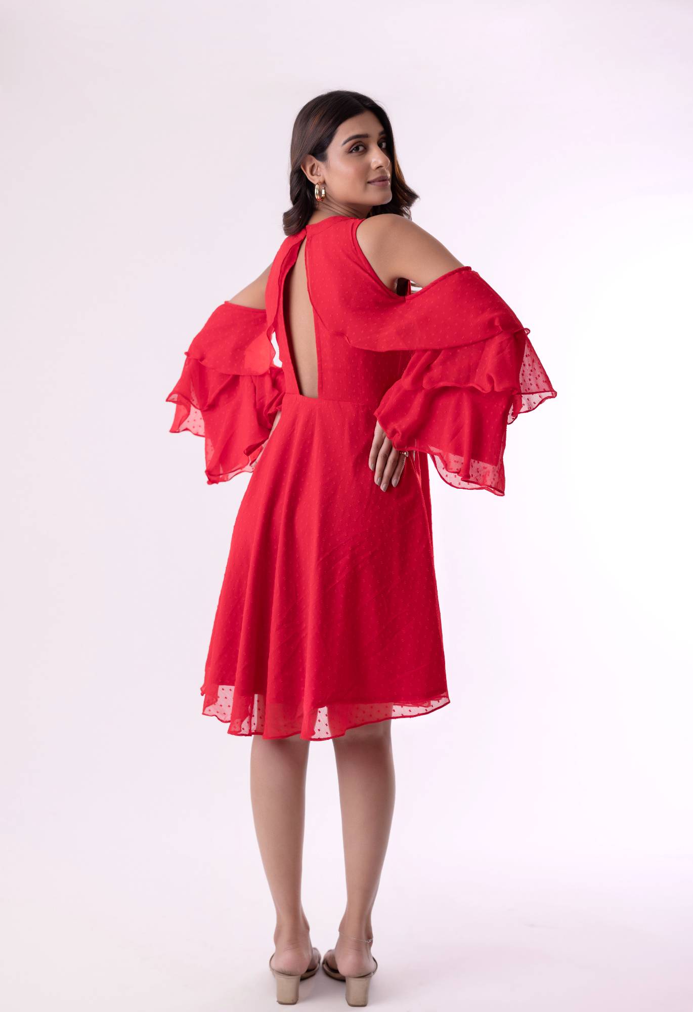 High Neck Tiered Midi Dress with Bell Sleeves