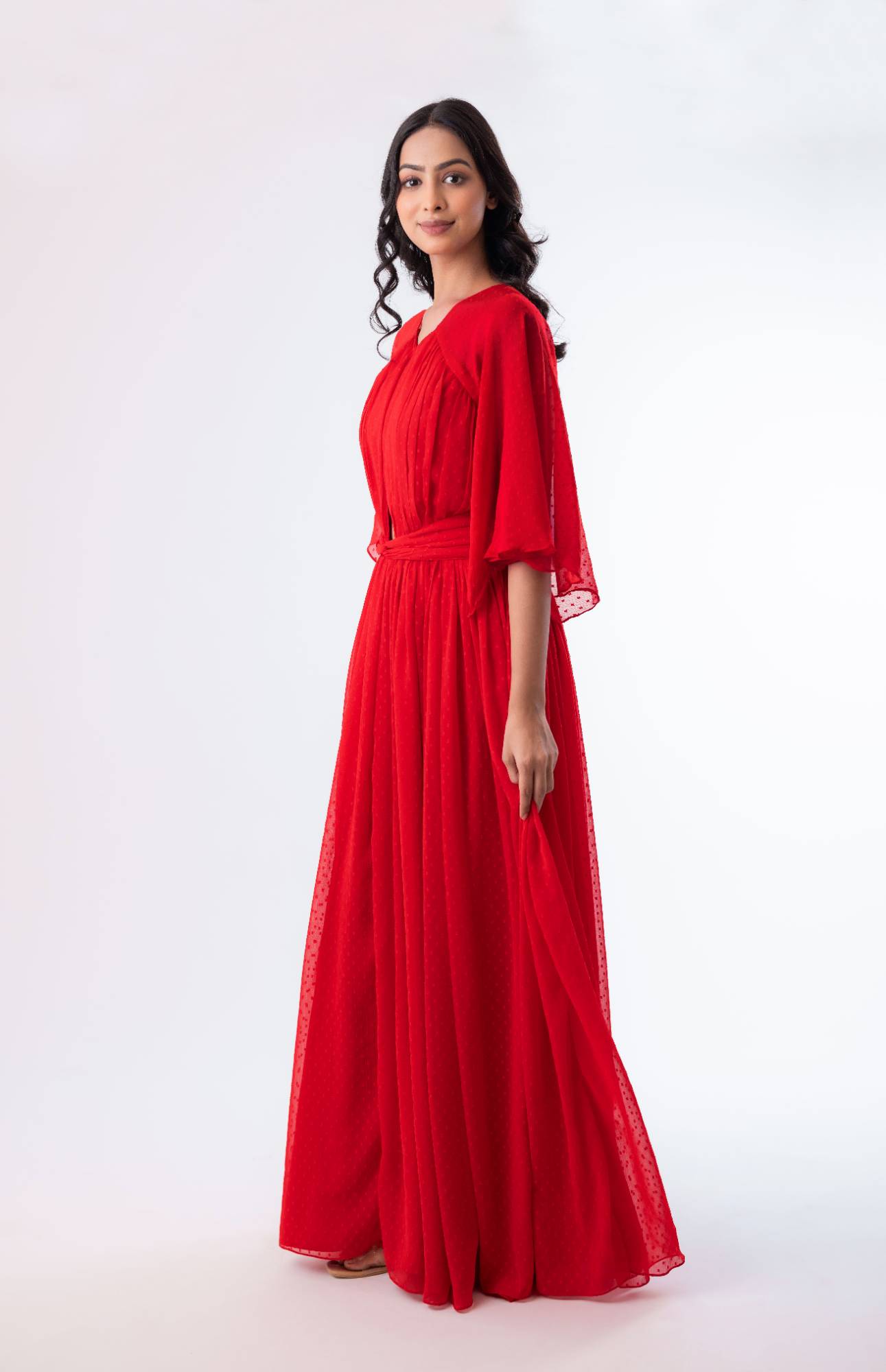 V-Neck Maxi Dress with Pleated Yolk and Cut-Out Details