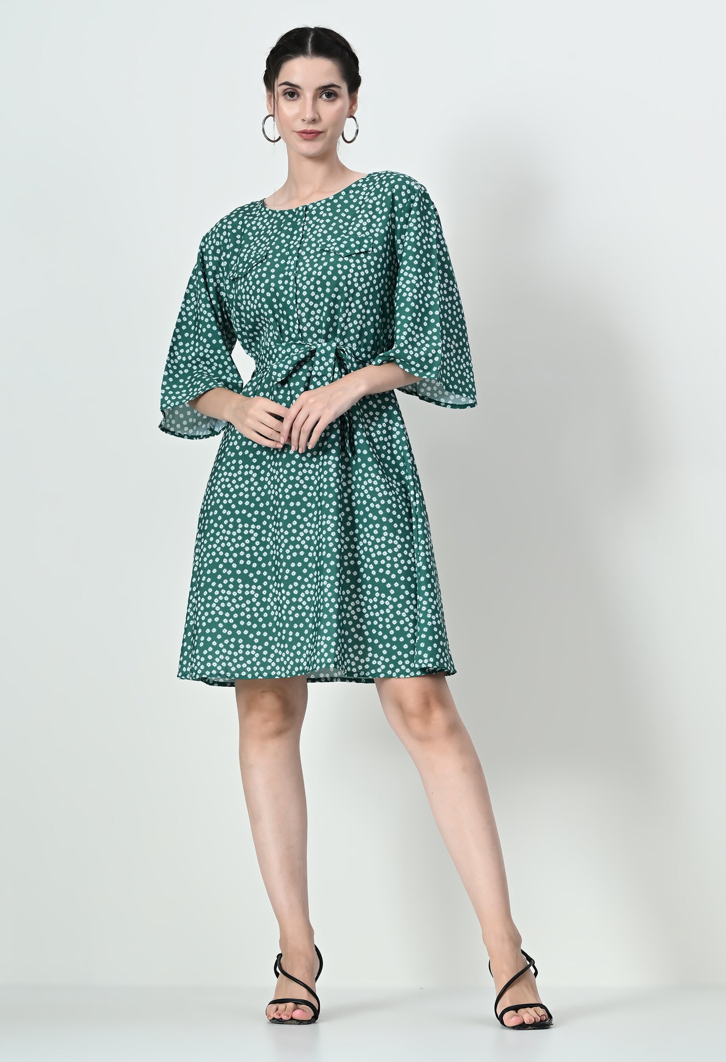 Chic High Neck Mini Dress in Crepe Fabric - Available in White and Green