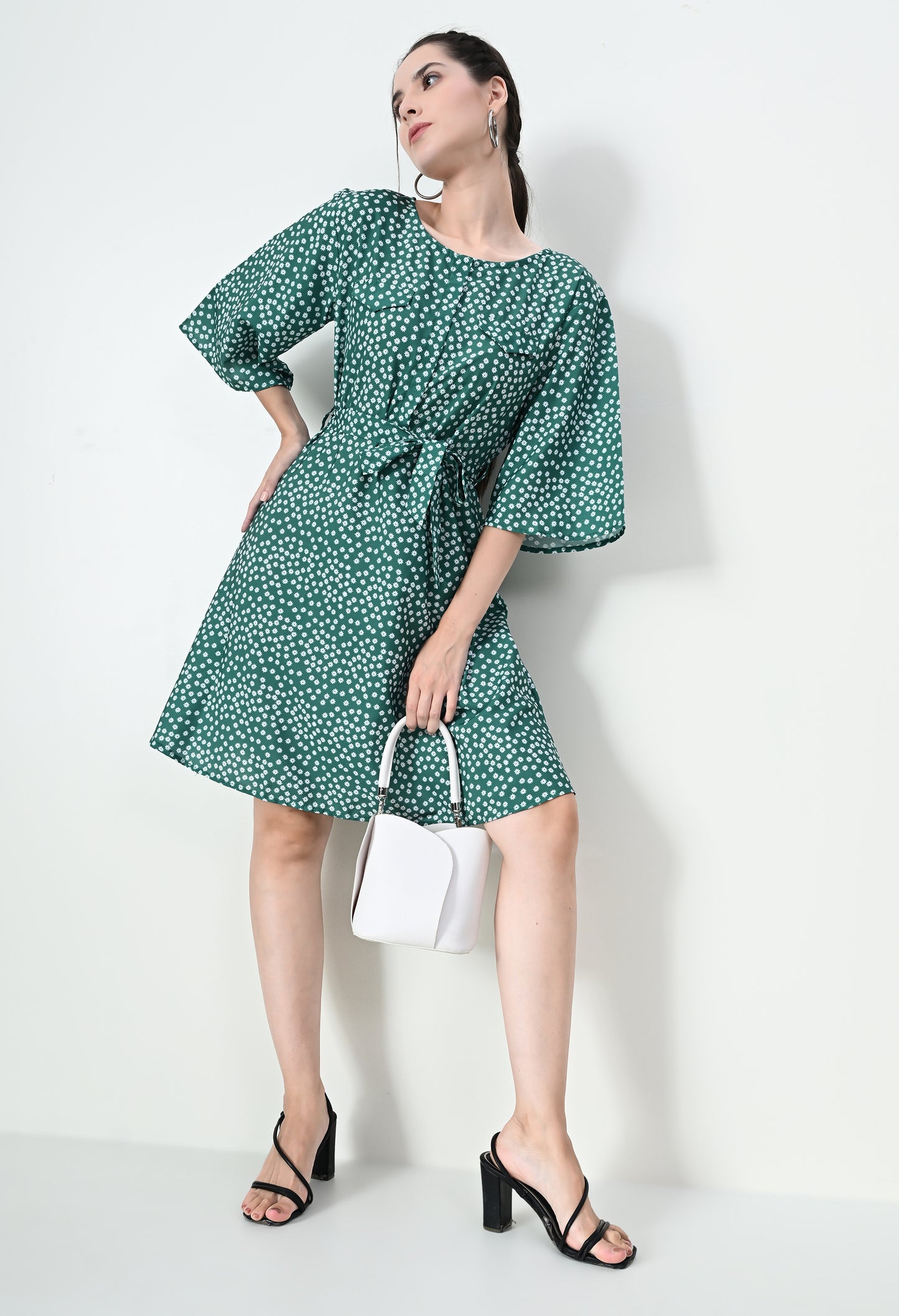 Chic High Neck Mini Dress in Crepe Fabric - Available in White and Green